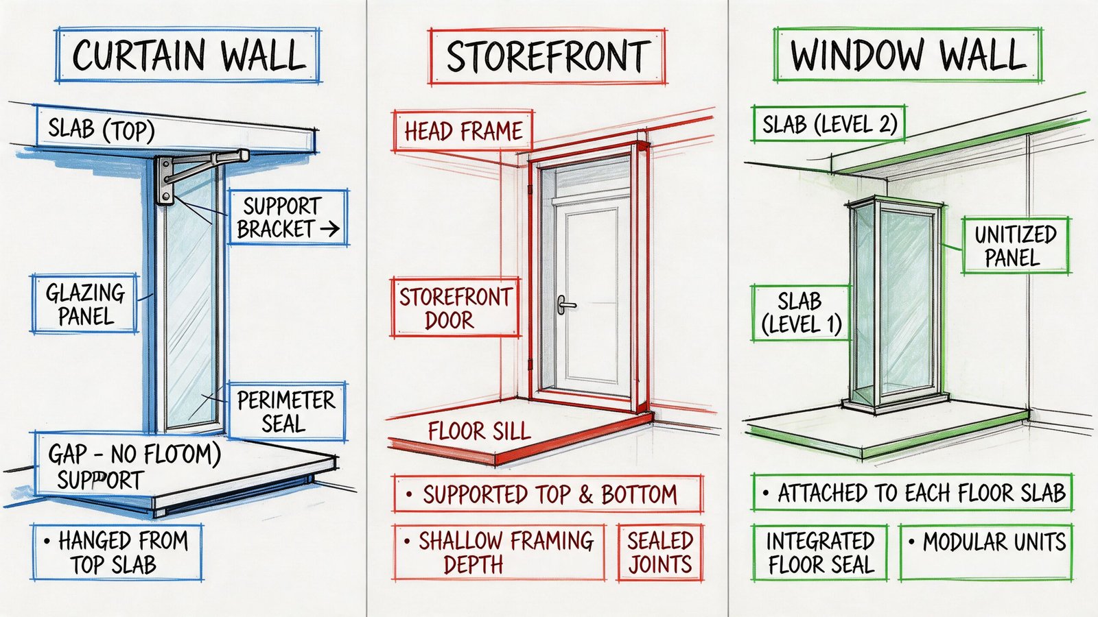 A diagram comparing curtain wall, storefront, and window wall architectural systems with labels for components and features.