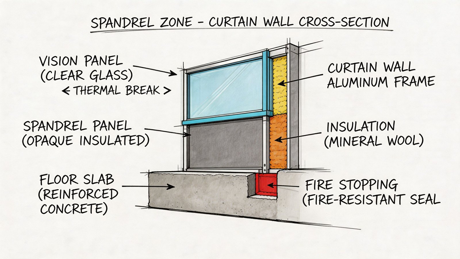 A detailed technical diagram showing the cross-section of a building curtain wall and spandrel zone assembly.