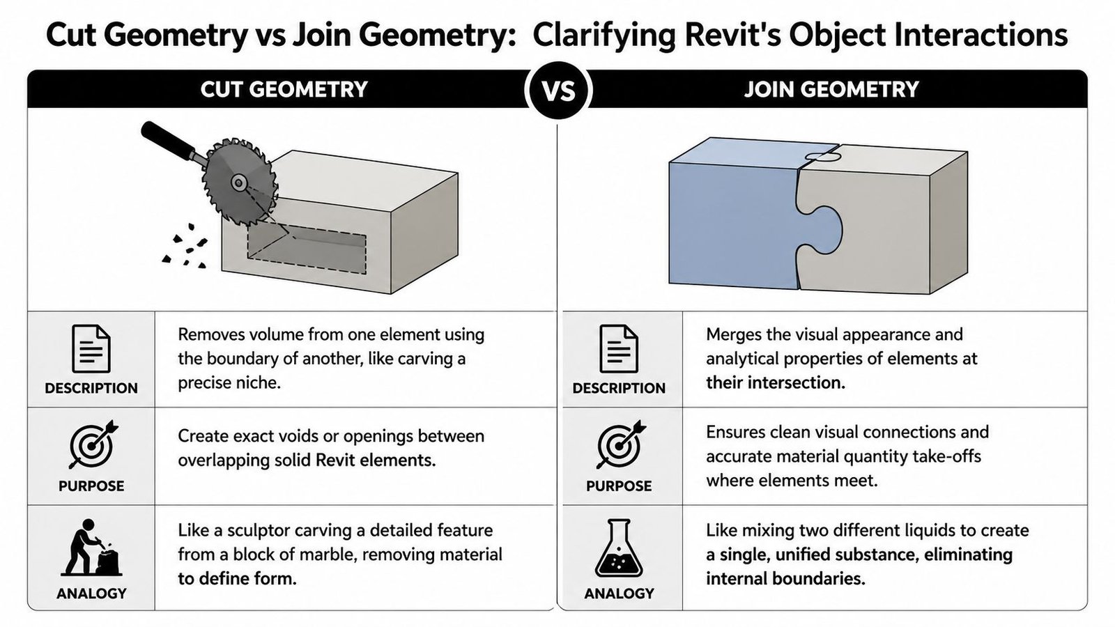 A comparison chart explaining the differences between Revit Cut Geometry and Join Geometry tools for BIM modeling.