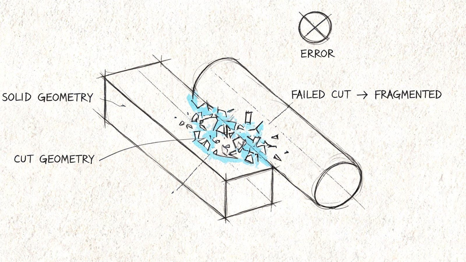 A hand-drawn sketch illustrating a failed CAD cut operation resulting in fragmented geometry on a solid object.