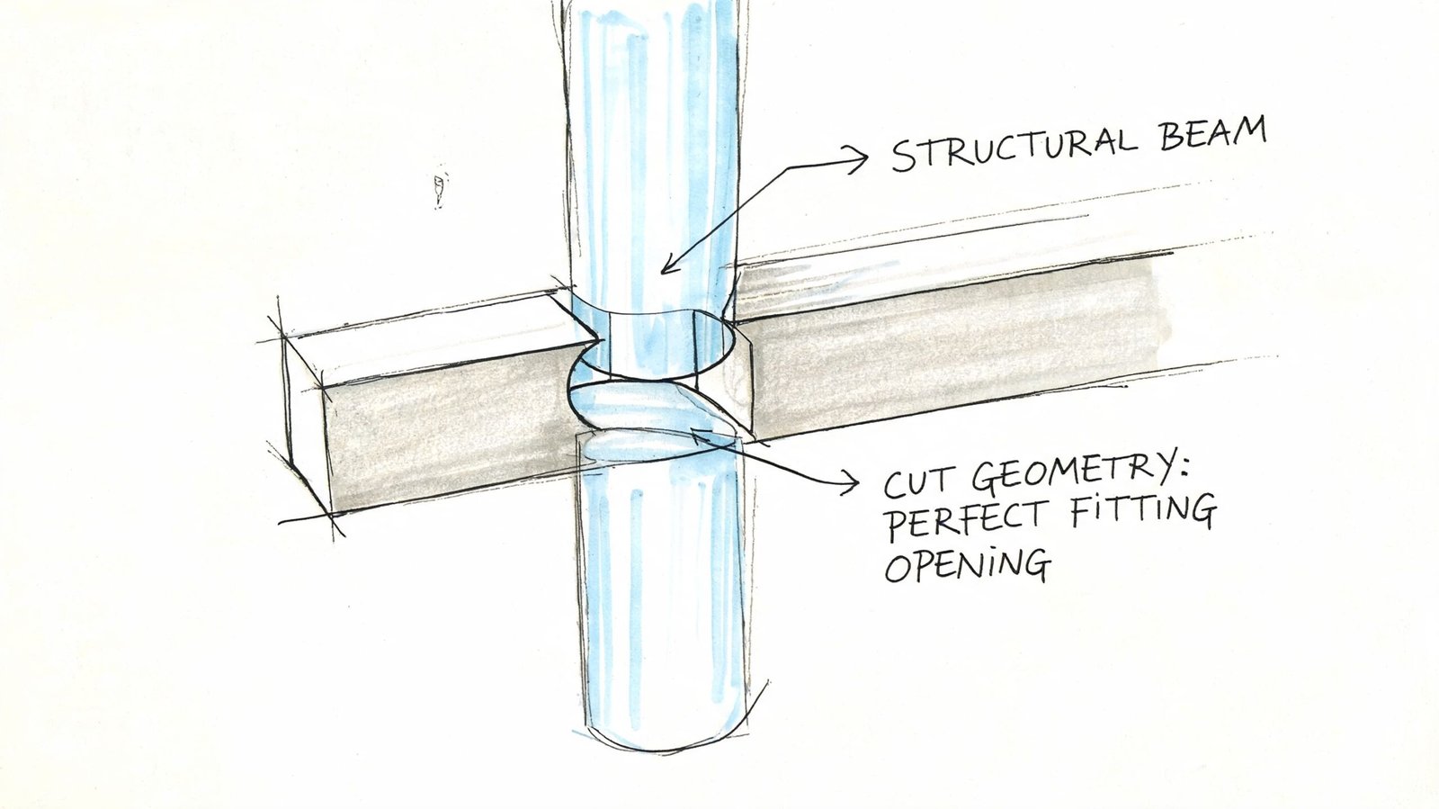 A hand-drawn sketch illustrating a structural beam with a cut geometry opening to fit a pillar.
