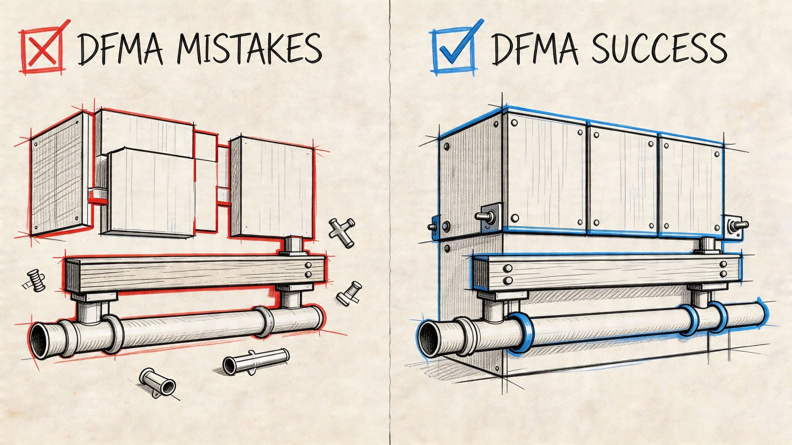 A diagram comparing poor and optimized assembly designs, illustrating Design for Manufacture and Assembly (DFMA) principles.