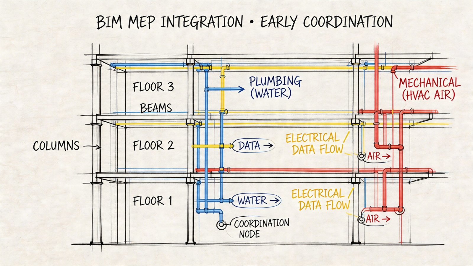 A diagram illustrating BIM MEP integration showing building columns, beams, and utility pipe coordination across three floors.