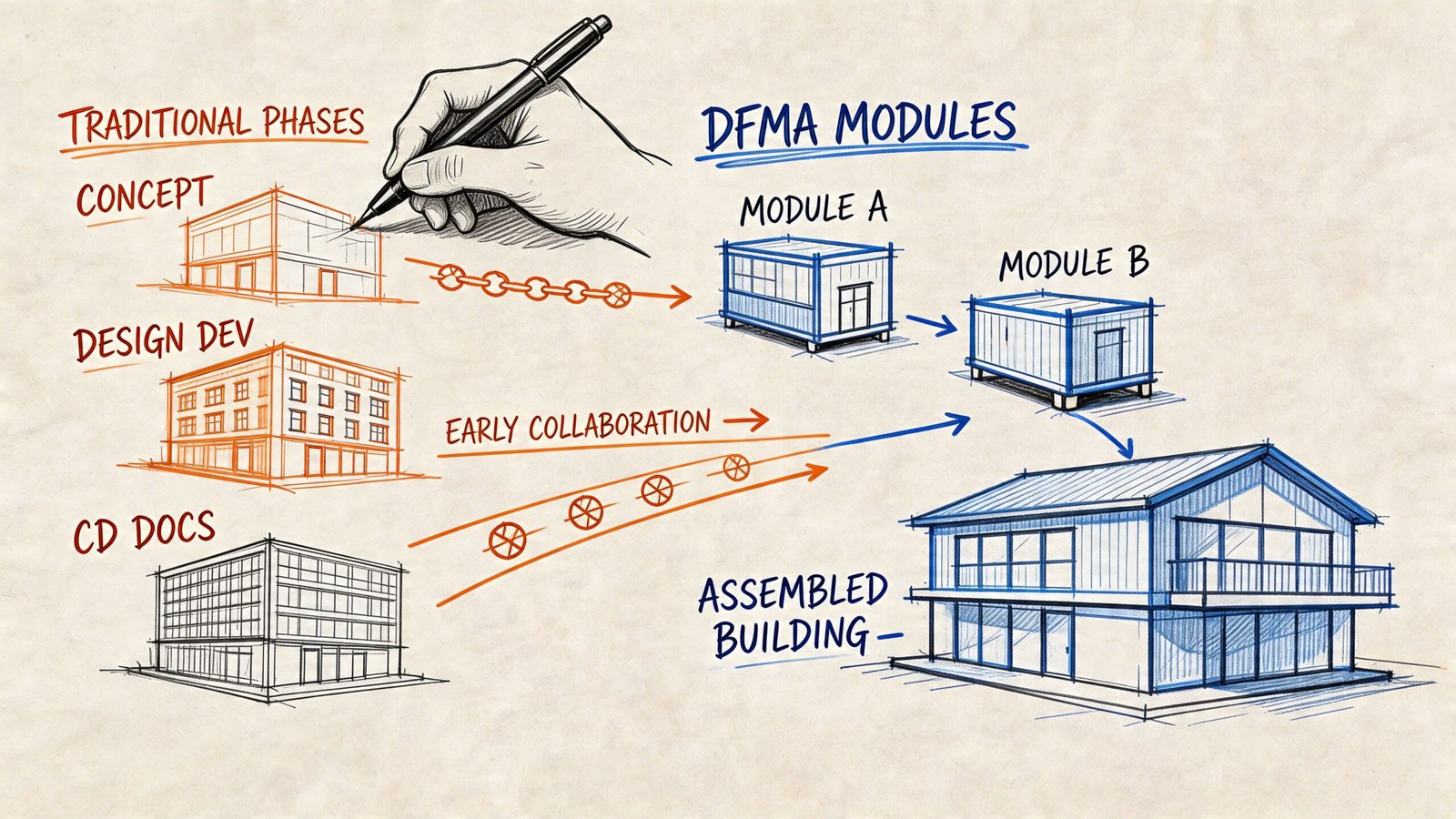 A hand-drawn illustration comparing traditional building design phases with modern Design for Manufacture and Assembly modular processes.