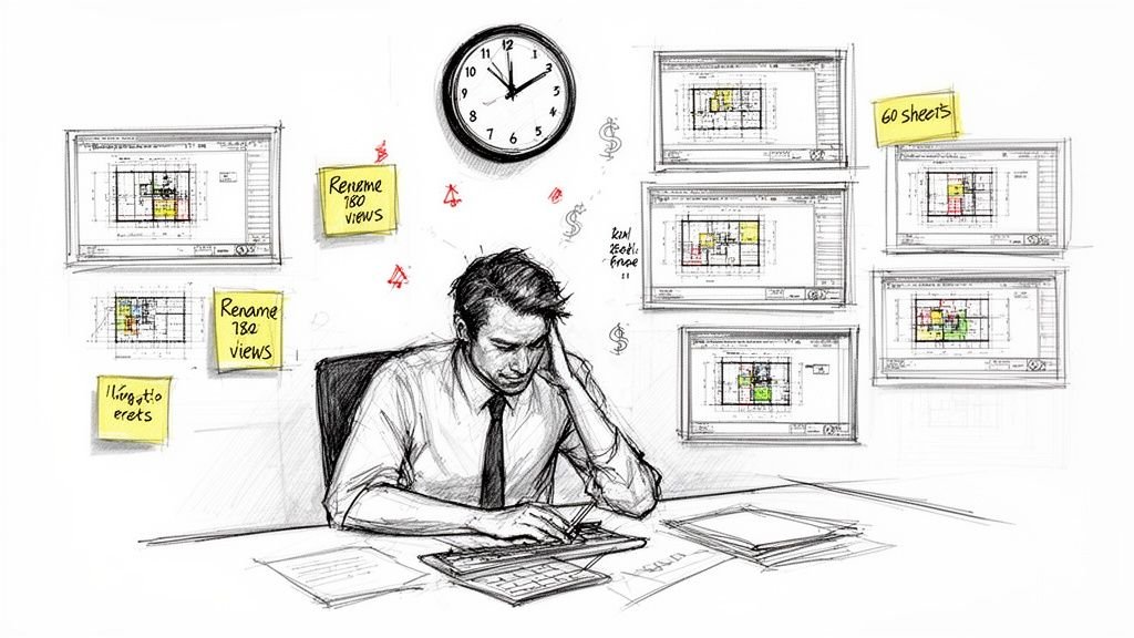 A stressed architect at a desk, surrounded by multiple computer screens and sticky notes detailing numerous tasks, highlighting work overload.