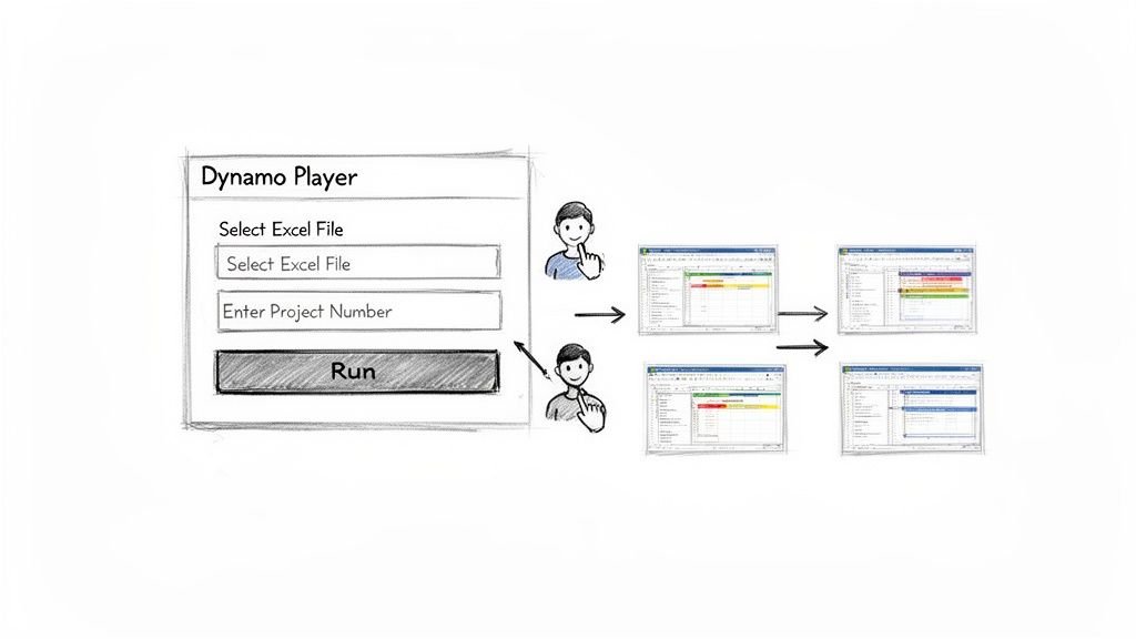 Diagram showing Dynamo Player interface for selecting Excel files and running a workflow, with user interaction leading to Excel automation.