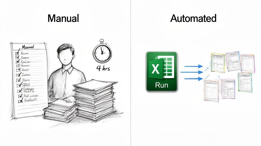 Illustration contrasting manual data processing (person, paper stacks, 4 hours) with automated Excel processing, generating multiple documents.