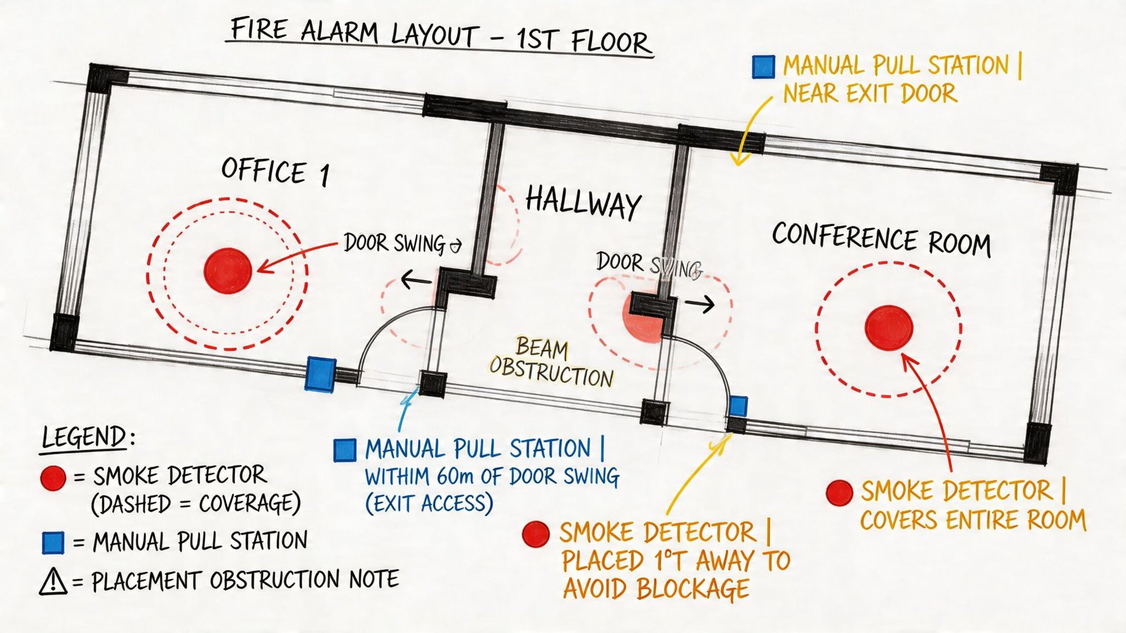 A 2D architectural floor plan layout showing the strategic placement of fire alarm smoke detectors and pull stations.