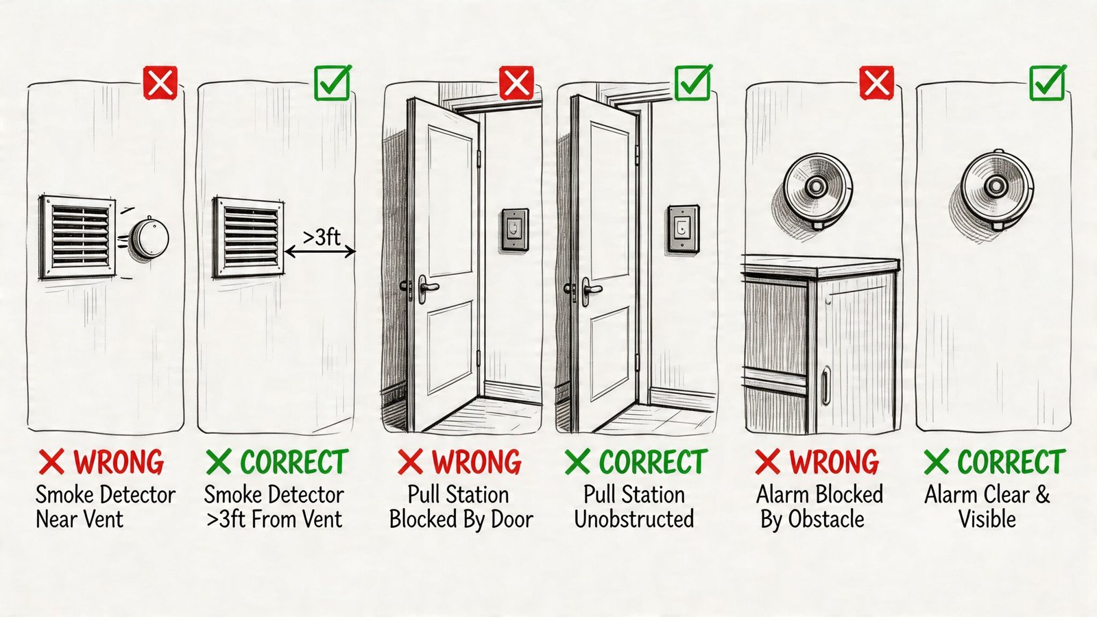 A diagram illustrating correct versus incorrect installation practices for smoke detectors, pull stations, and fire alarms.