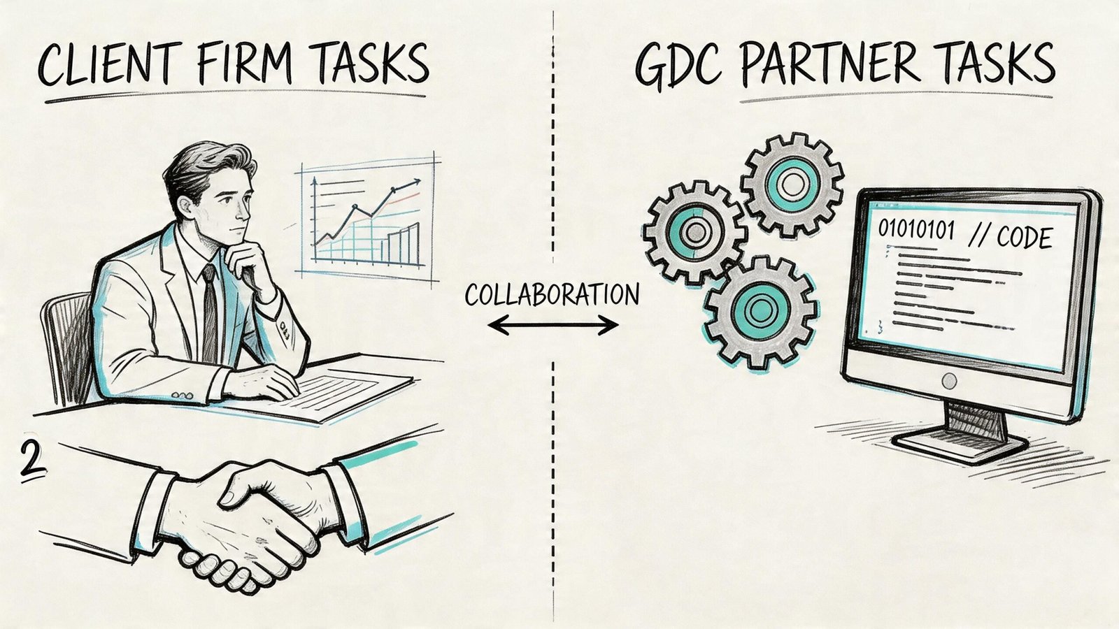 A hand-drawn illustration showing a business collaboration between a professional client and a technical GDC partner.