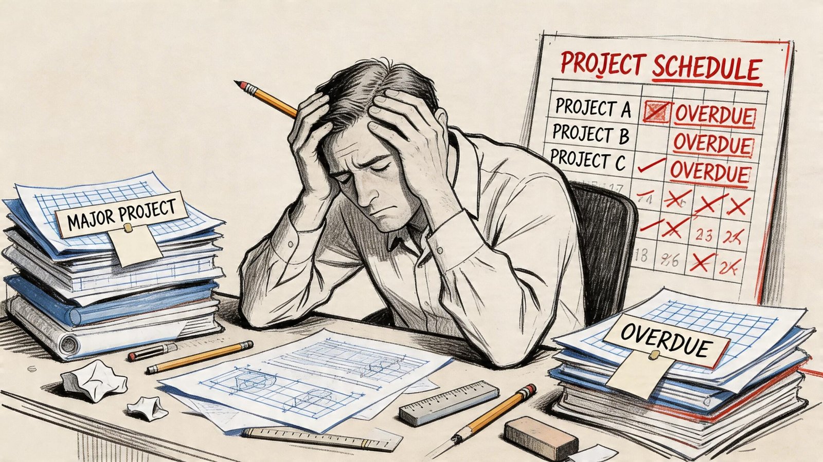 A stressed man sits at a desk overwhelmed by paperwork and multiple overdue project schedule deadlines.