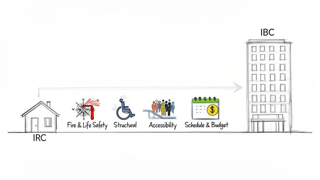 Diagram comparing IRC (International Residential Code) represented by a house, and IBC (International Building Code) by a tall building, detailing fire safety, structural, accessibility, schedule, and budget considerations.