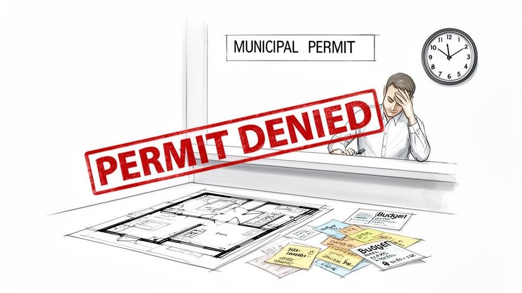 A distressed man learns his municipal permit is denied, with blueprints and budget notes on the table.
