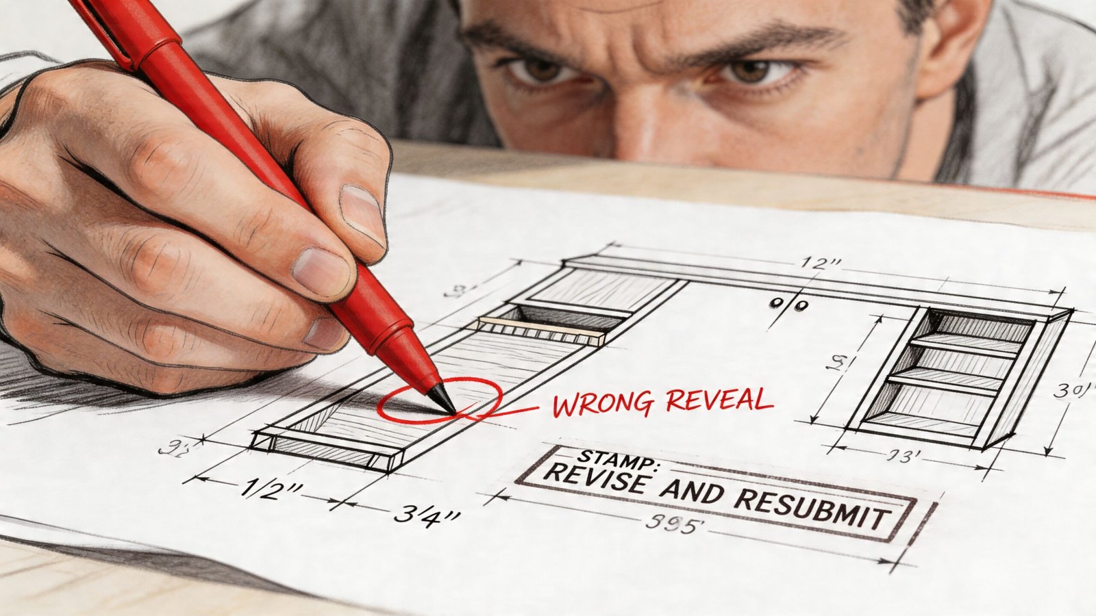 A close-up of a designer marking a correction on millwork shop drawings with a red pen.