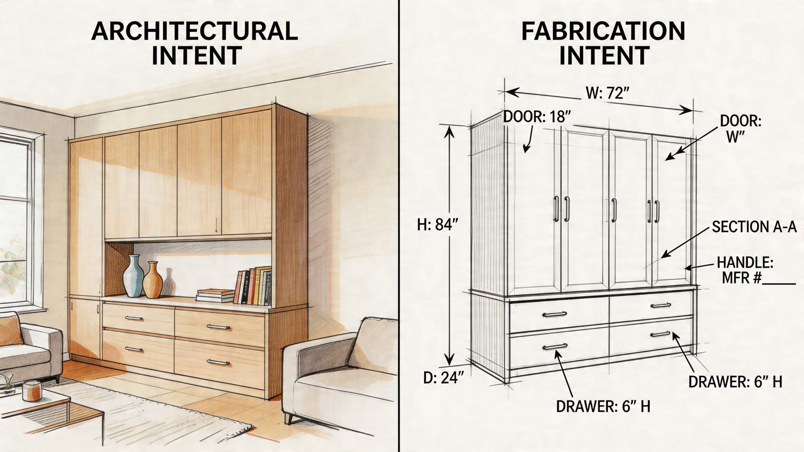 A side-by-side comparison of a wood cabinet design showing architectural illustration and detailed fabrication shop drawings.