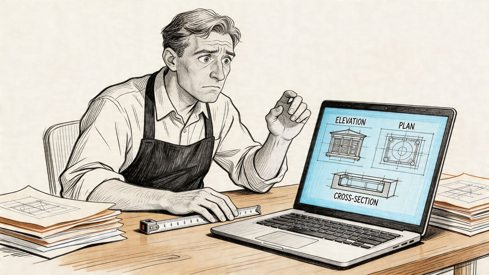 A concerned carpenter wearing an apron looks at complex furniture designs displayed on a laptop screen.