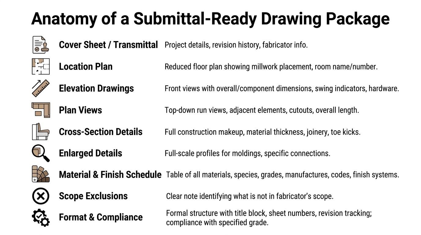 An infographic detailing the essential components of a professional millwork shop drawing submittal package.