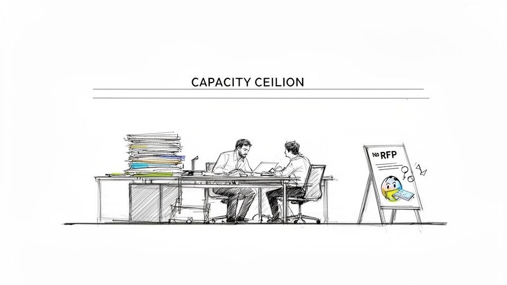 Illustration: Two men at a desk with large paper stack, 'CAPACITY CEILION' text, and 'NO RFP' sign.