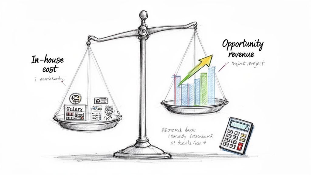 A balance scale comparing in-house costs, including salary, against potential opportunity revenue from a project.