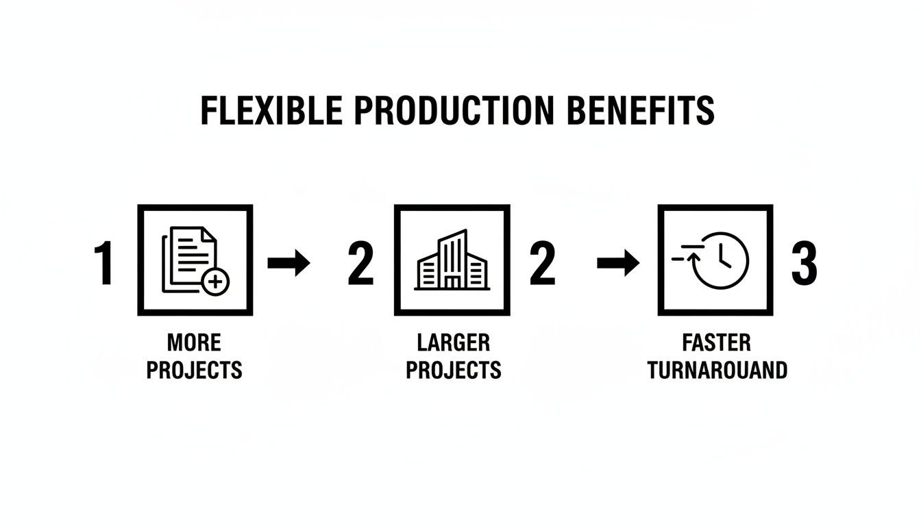 Flexible production benefits infographic: more projects, larger projects, and faster project turnaround times.