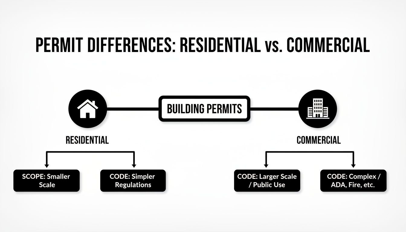 Flowchart comparing residential and commercial building permit differences, detailing scope and code regulations.