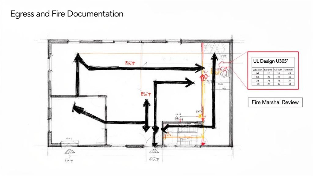Hand-drawn floor plan showing egress routes, exits, and fire documentation with a data table.