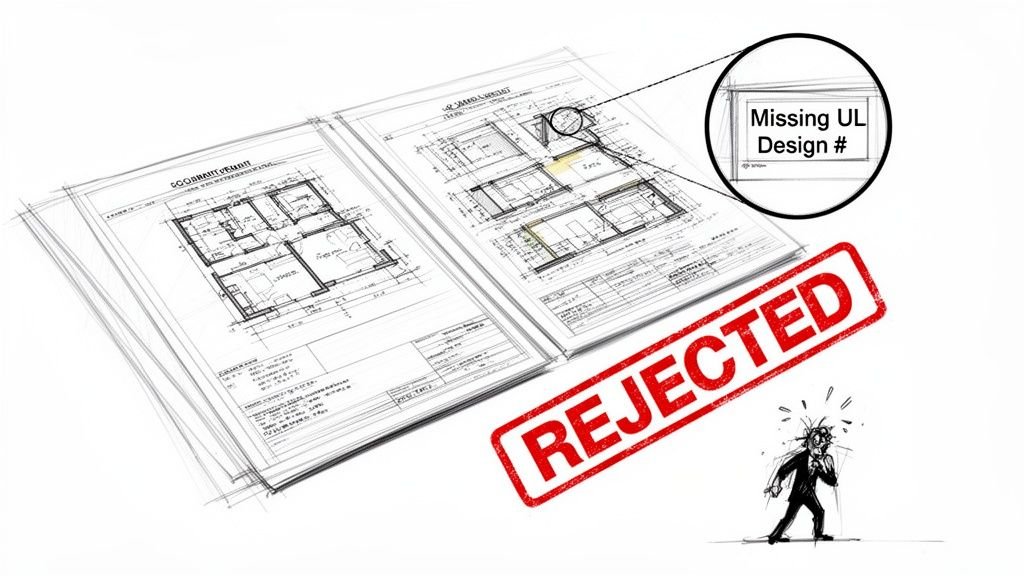 Architectural permit drawings are rejected for a missing UL design number, frustrating a designer.