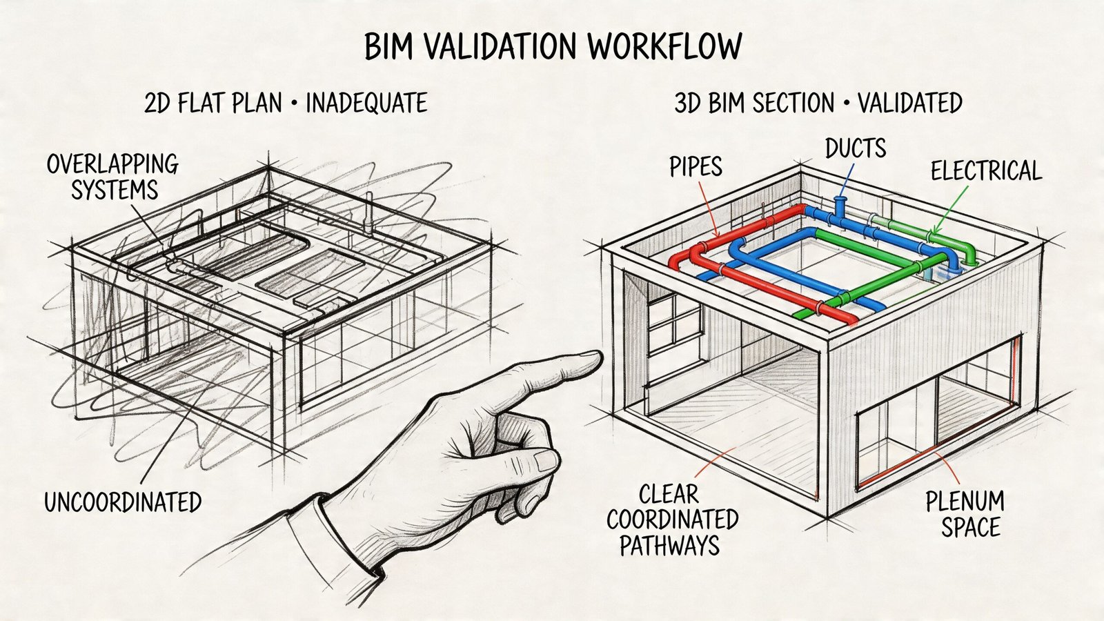 A diagram comparing an uncoordinated 2D sketch with a validated 3D BIM model of building MEP systems.