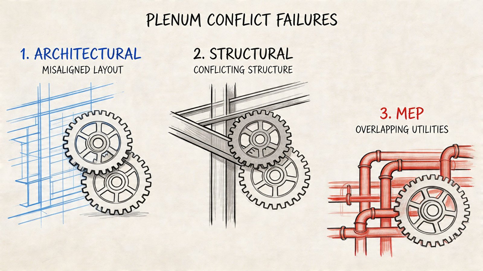 A diagram illustrating three types of plenum conflict failures: architectural, structural, and MEP mechanical, electrical, and plumbing.
