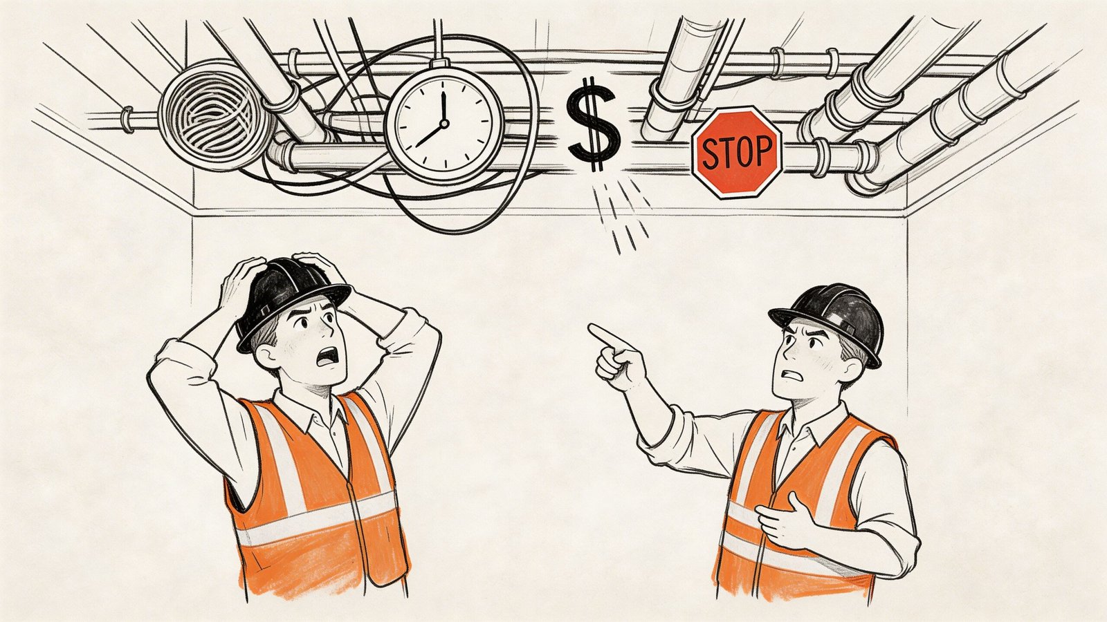 Two construction workers in high-visibility vests looking at a clock and a stop sign on a ceiling.