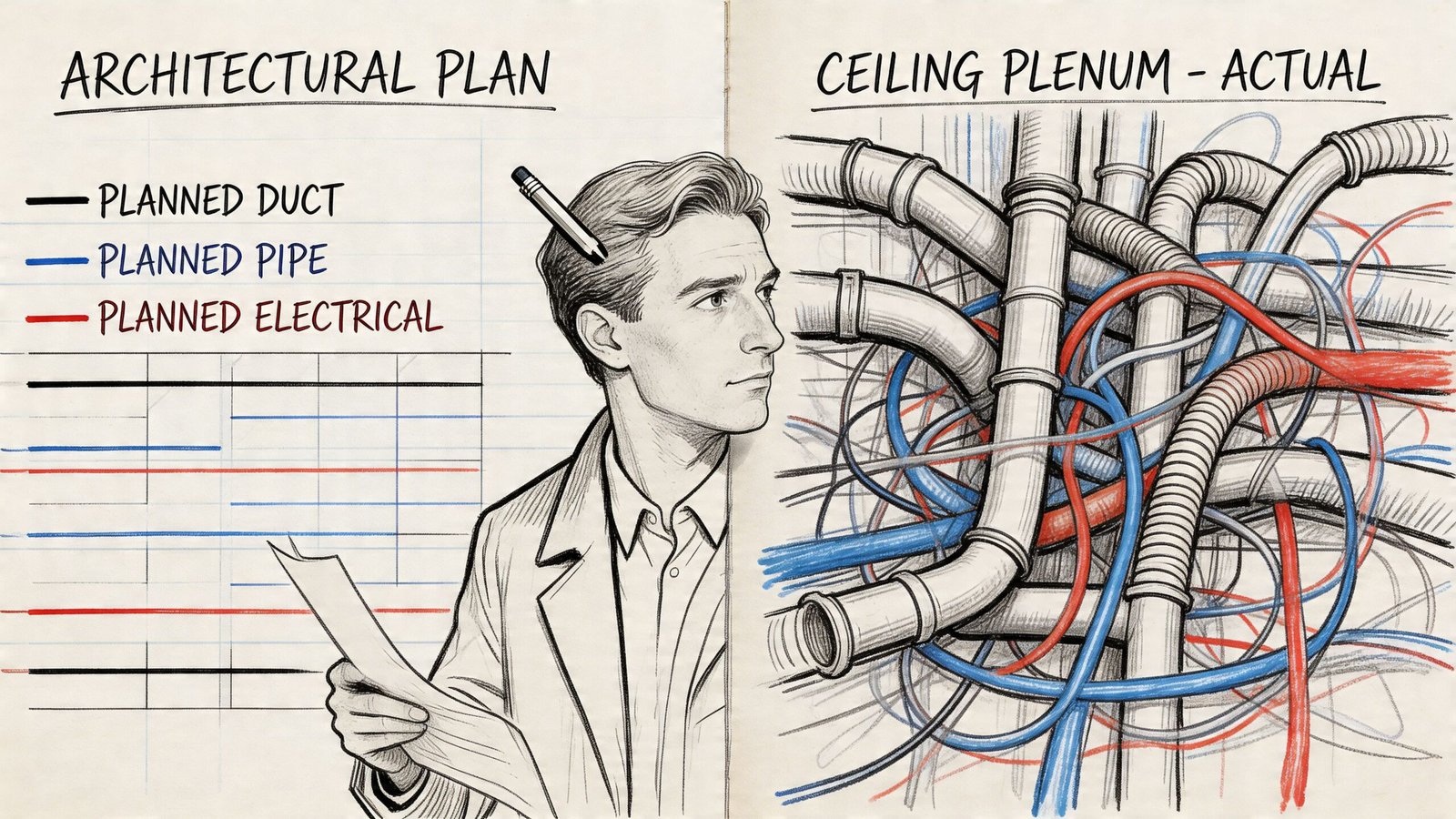 A conceptual sketch contrasting an organized architectural blueprint with the chaotic, messy reality of actual ceiling plenum infrastructure.