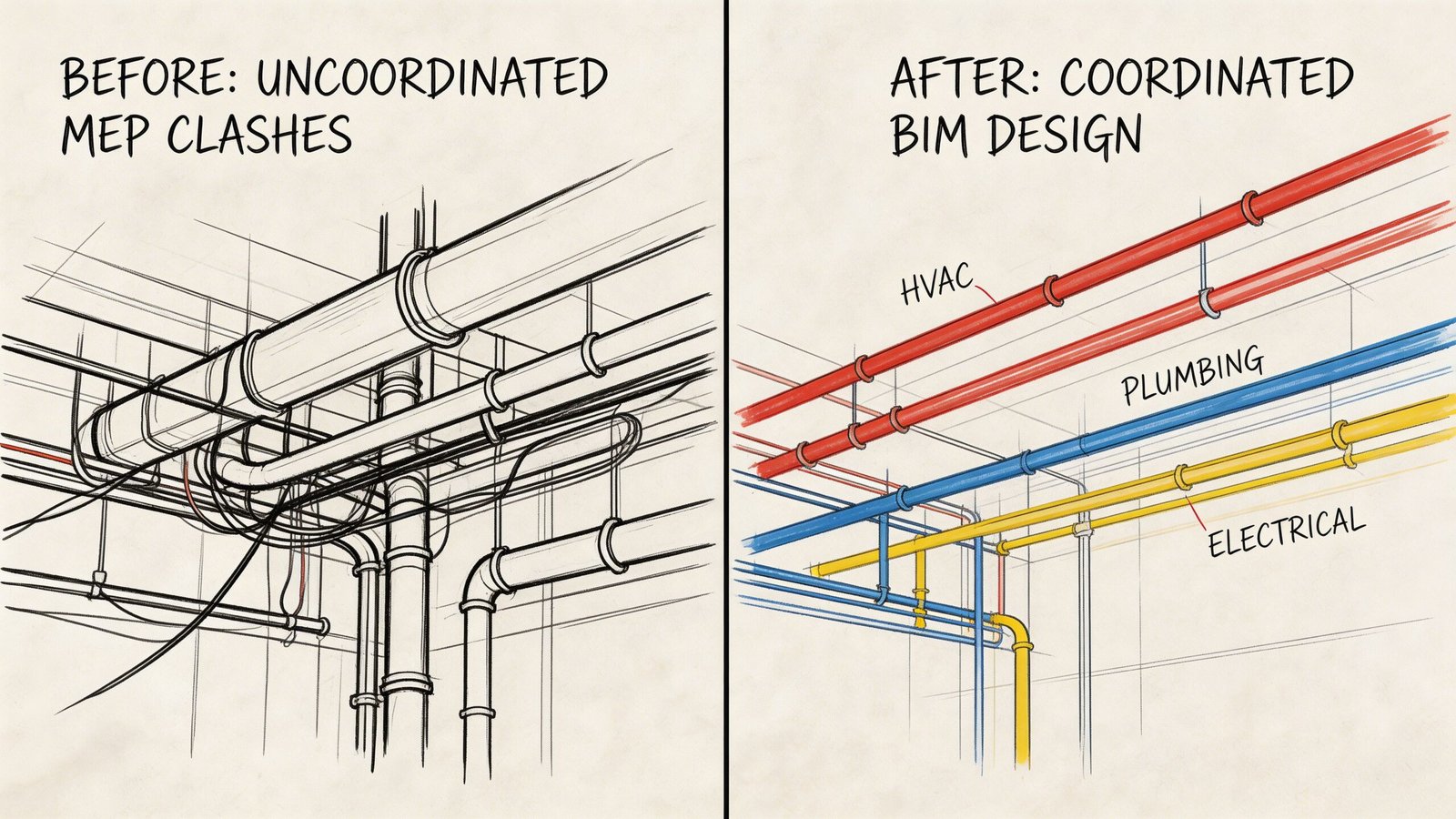 A comparison showing chaotic, uncoordinated piping before BIM design versus organized, color-coded MEP systems after BIM implementation.