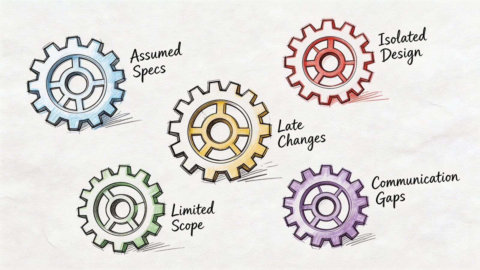 A hand-drawn illustration showing five colorful gears labeled with common project management challenges like communication gaps.
