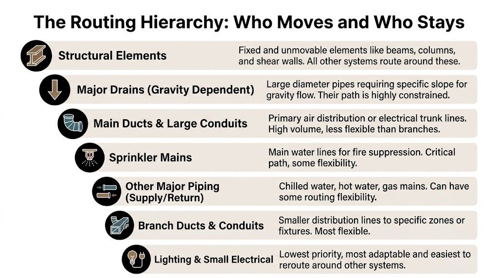A hierarchical chart illustrating the priority and flexibility of routing different building systems within a plenum space.