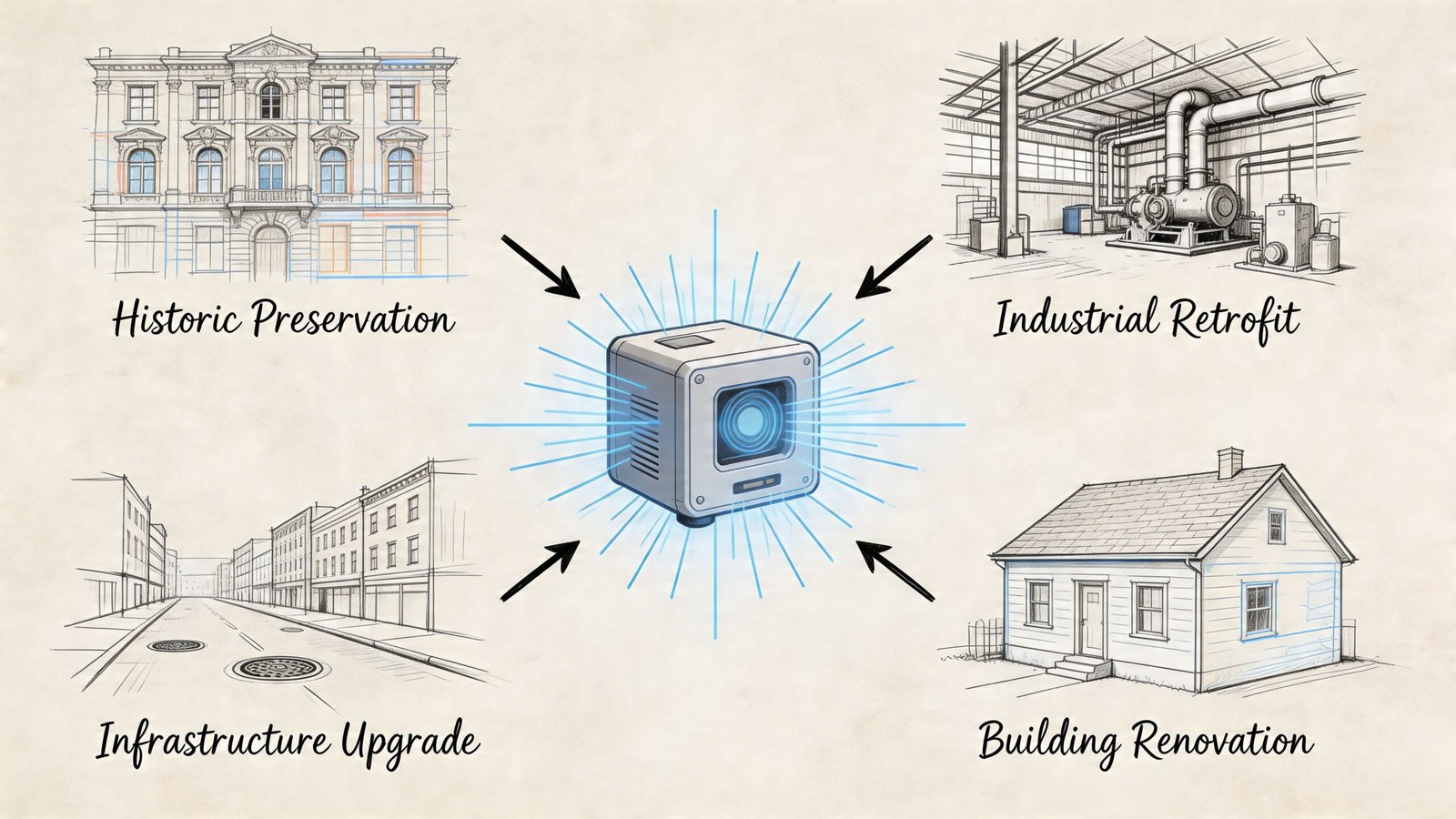 A diagram illustrating the use of a 3D laser scanner for historic preservation, industrial retrofit, infrastructure upgrade, and building renovation.
