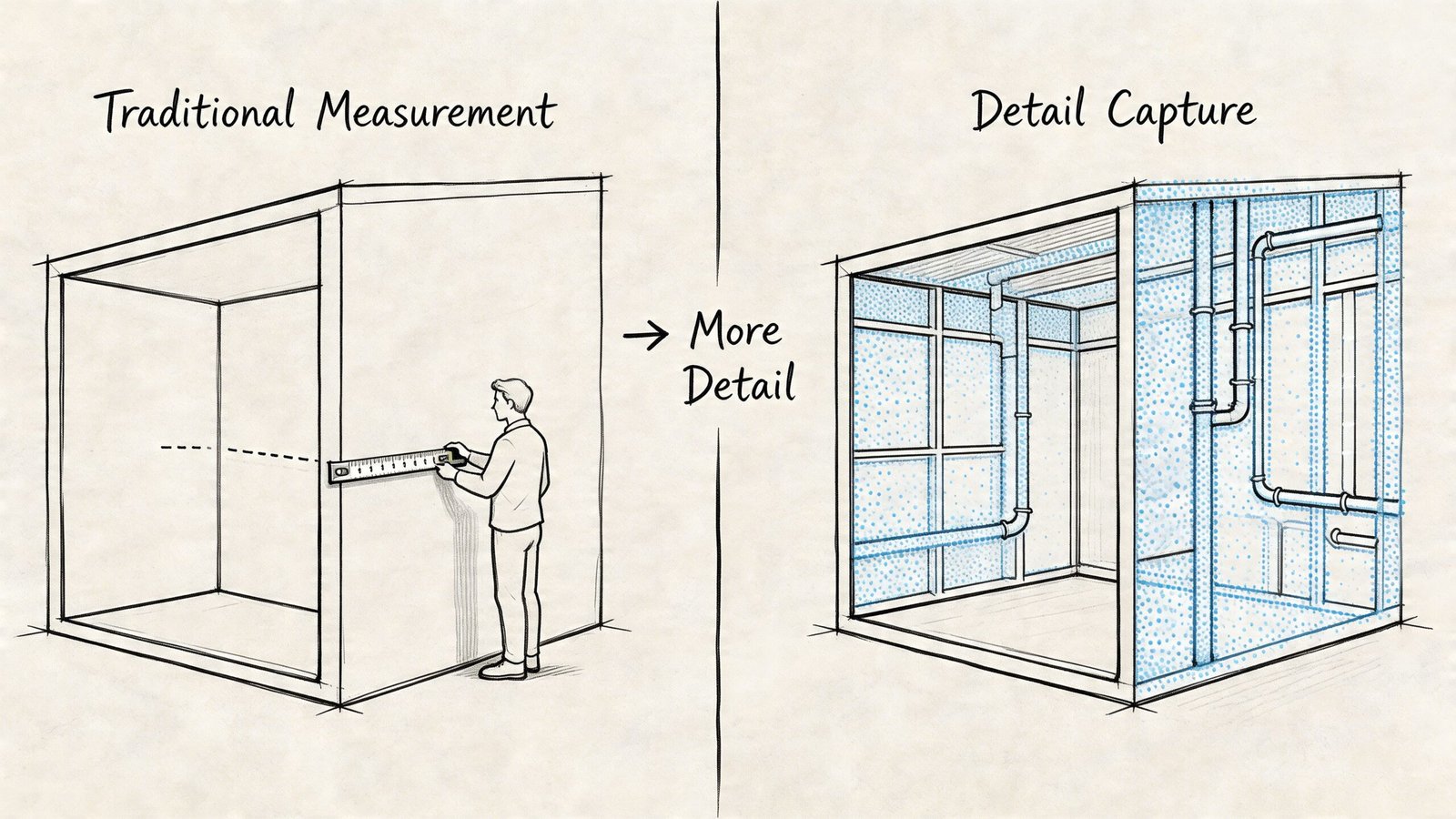 A comparison illustration showing traditional manual room measurement versus advanced 3D detail capture using scanning technology.