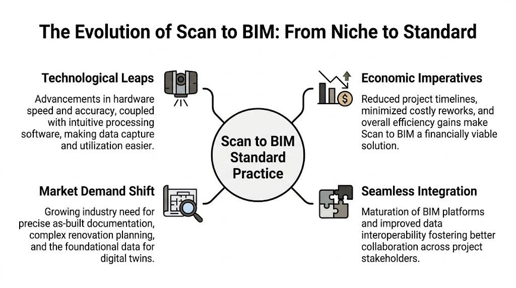 A diagram illustrating the evolution of Scan to BIM from a niche practice to an industry standard.