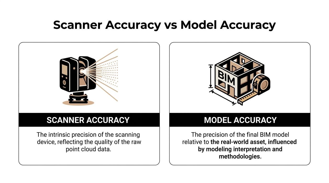 A comparison chart explaining the difference between scanner accuracy and BIM model accuracy in construction.
