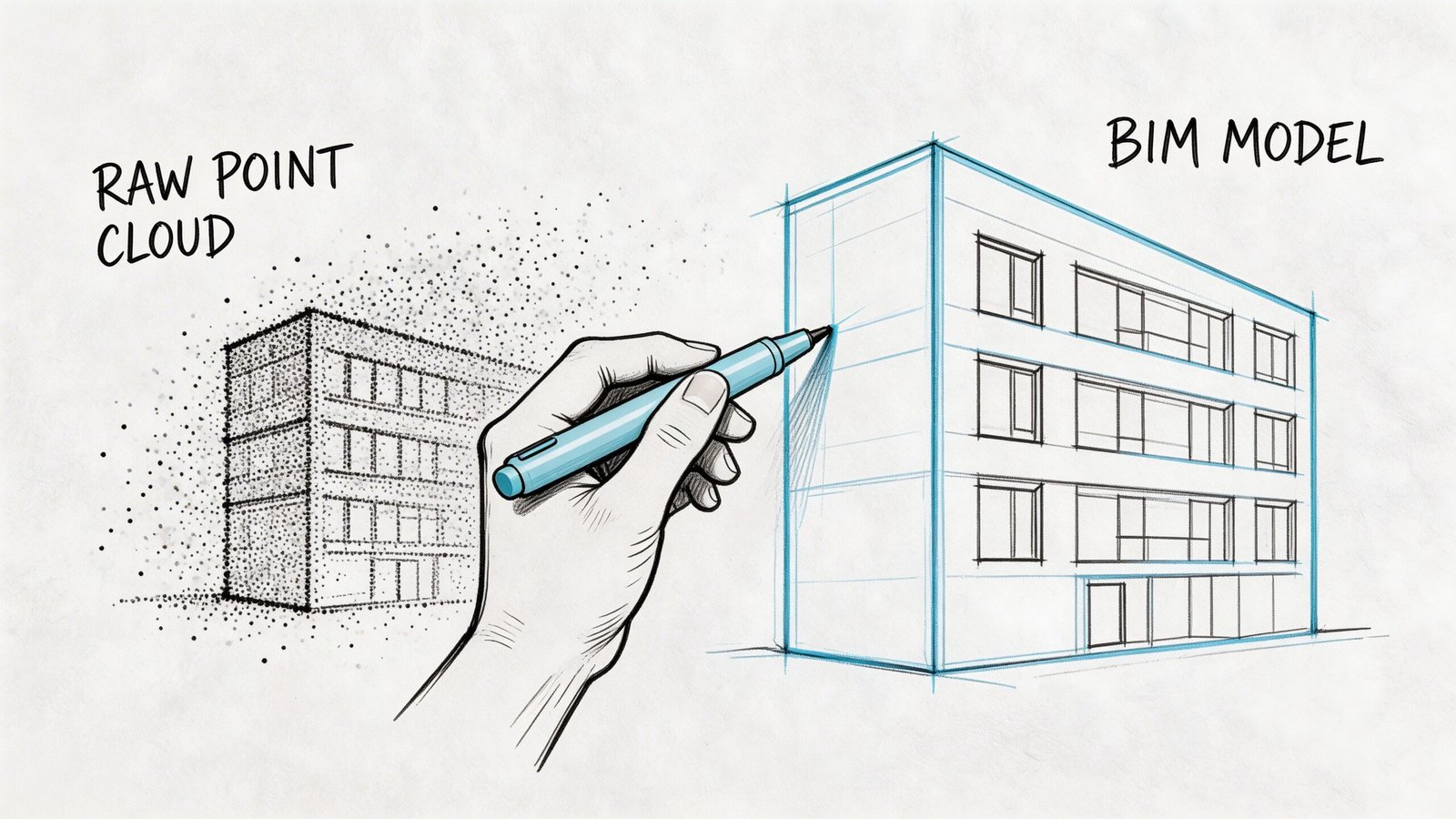 A hand drawing a BIM model from a raw point cloud of a multi-story building structure.