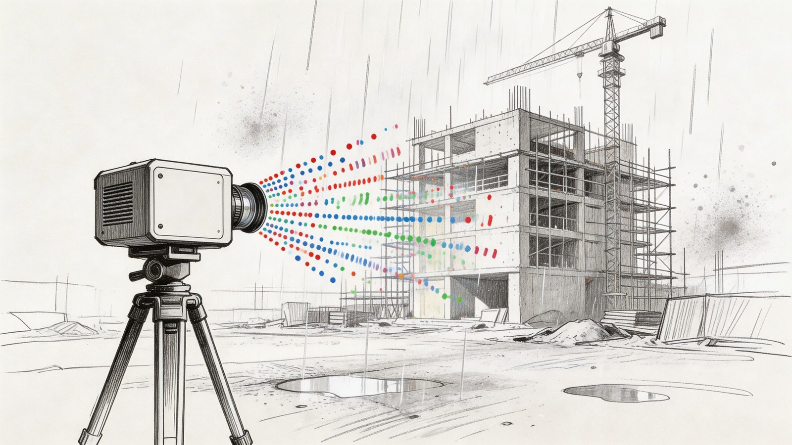 A 3D laser scanner on a tripod creating a point cloud of an unfinished building construction site.