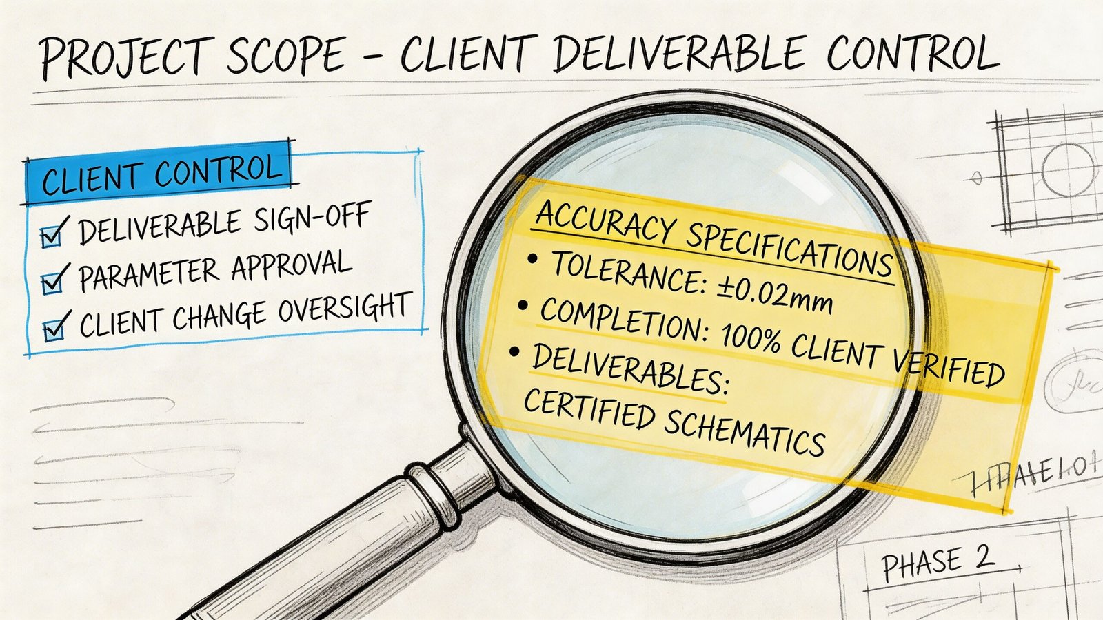 A hand-drawn illustration showing a magnifying glass focused on project scope and client deliverable control specifications.
