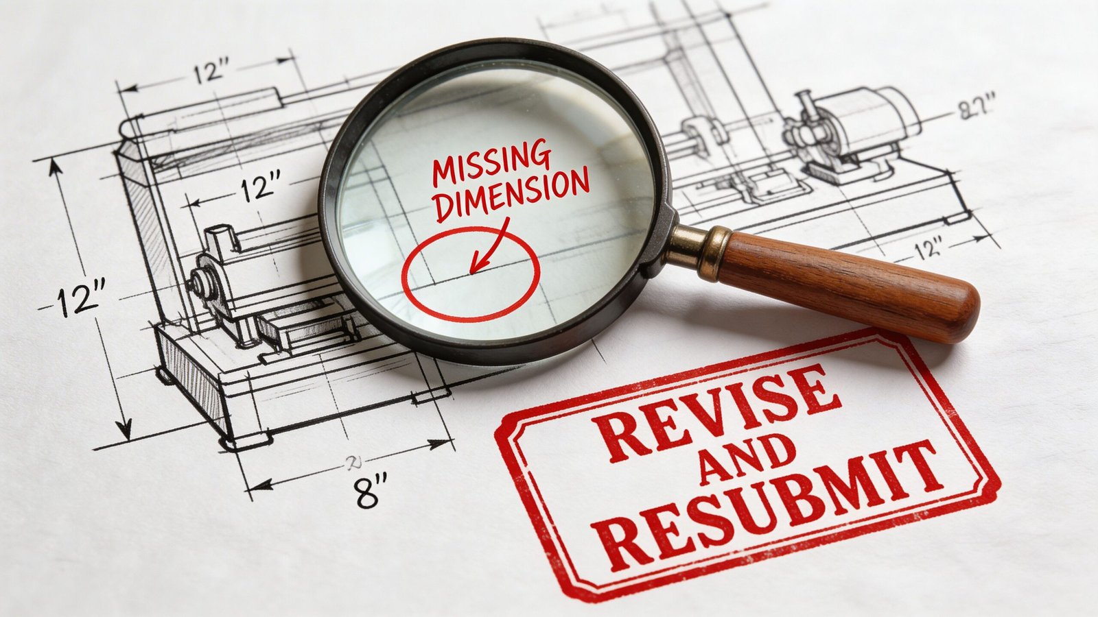 A magnifying glass inspecting technical shop drawings with a red stamp that reads Revise and Resubmit.