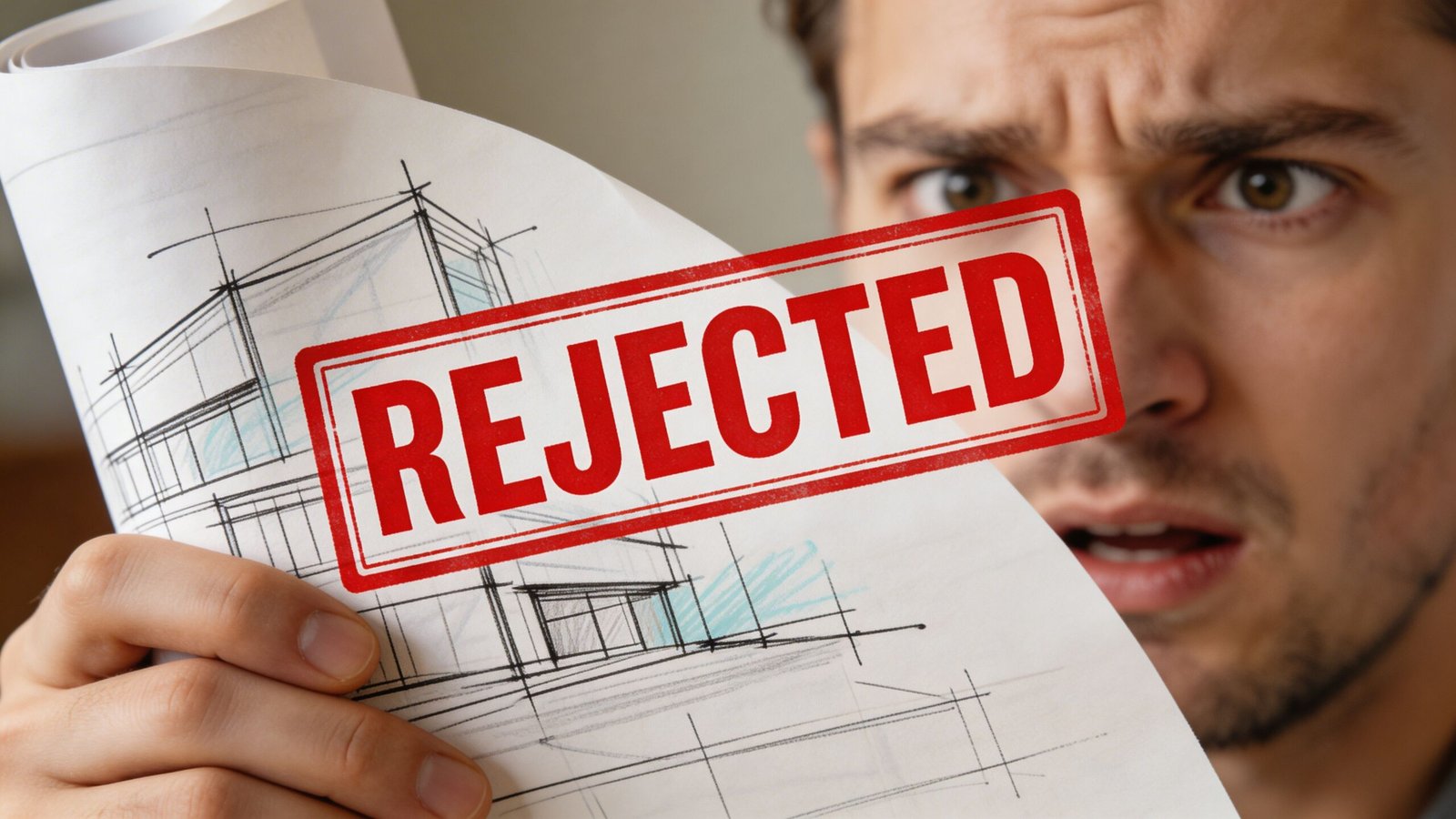 A concerned architect holds up a rejected building project proposal marked with a bold red stamp.