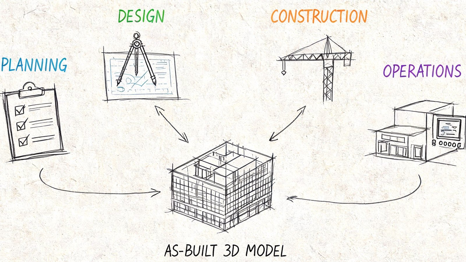 A hand-drawn sketch illustrating the building lifecycle from planning and design to construction and operations.