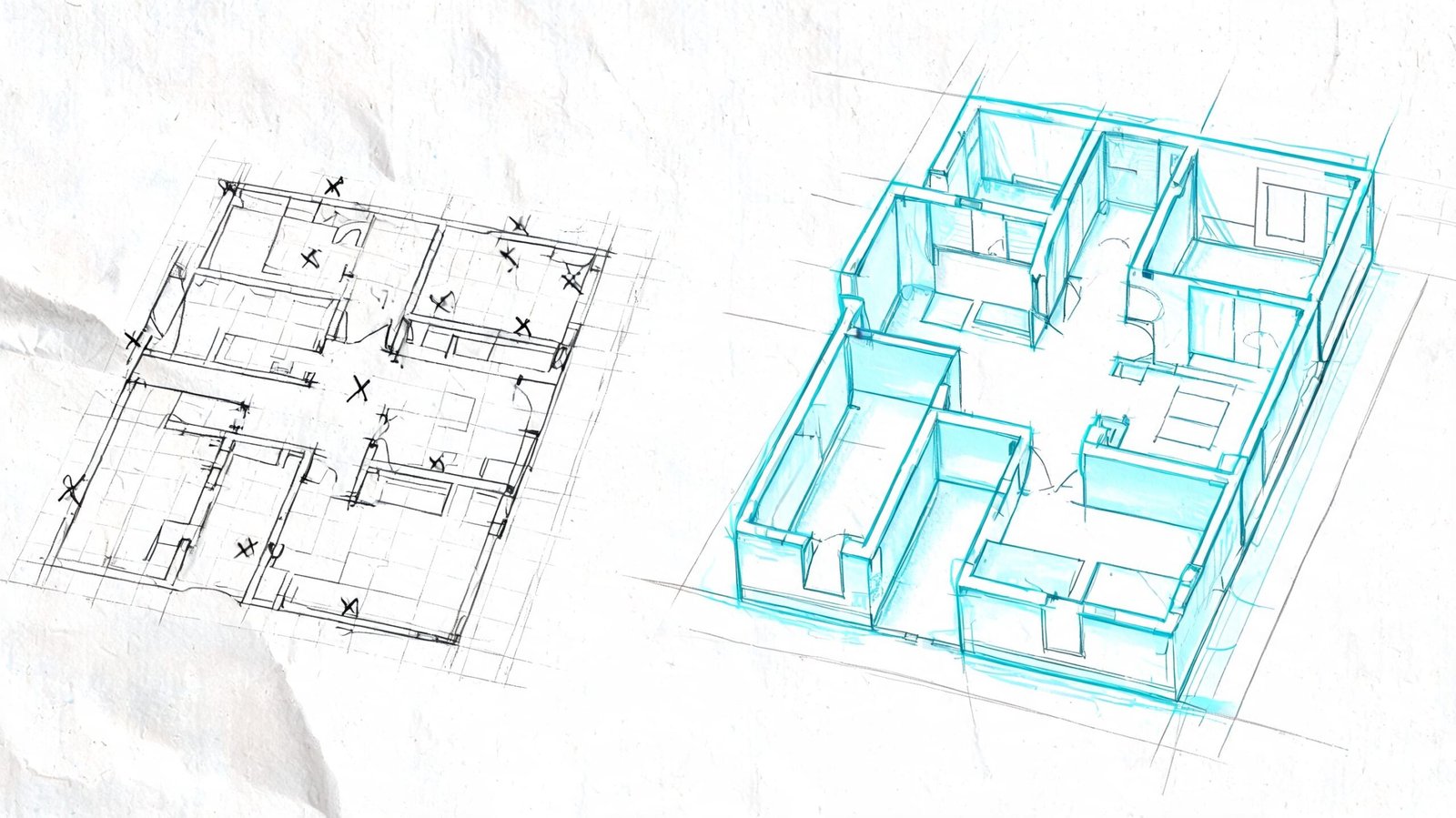 A split view showing a black and white 2D architectural floor plan and a 3D blue sketch.