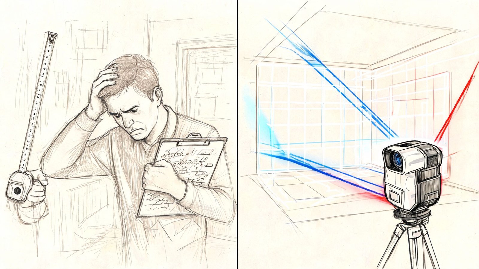 A contrast between a frustrated contractor measuring with a tape and a modern laser distance tool.
