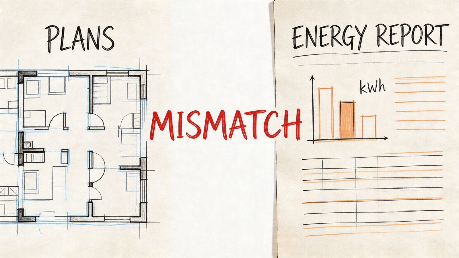 A hand-drawn illustration showing a floor plan on the left and an energy report on the right.
