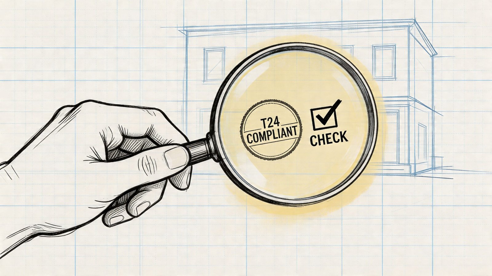 A hand holding a magnifying glass over a Title 24 compliant stamp with a check mark.
