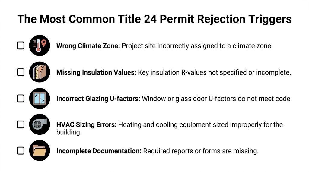 A checklist listing the five most common reasons for Title 24 permit rejections in building projects.