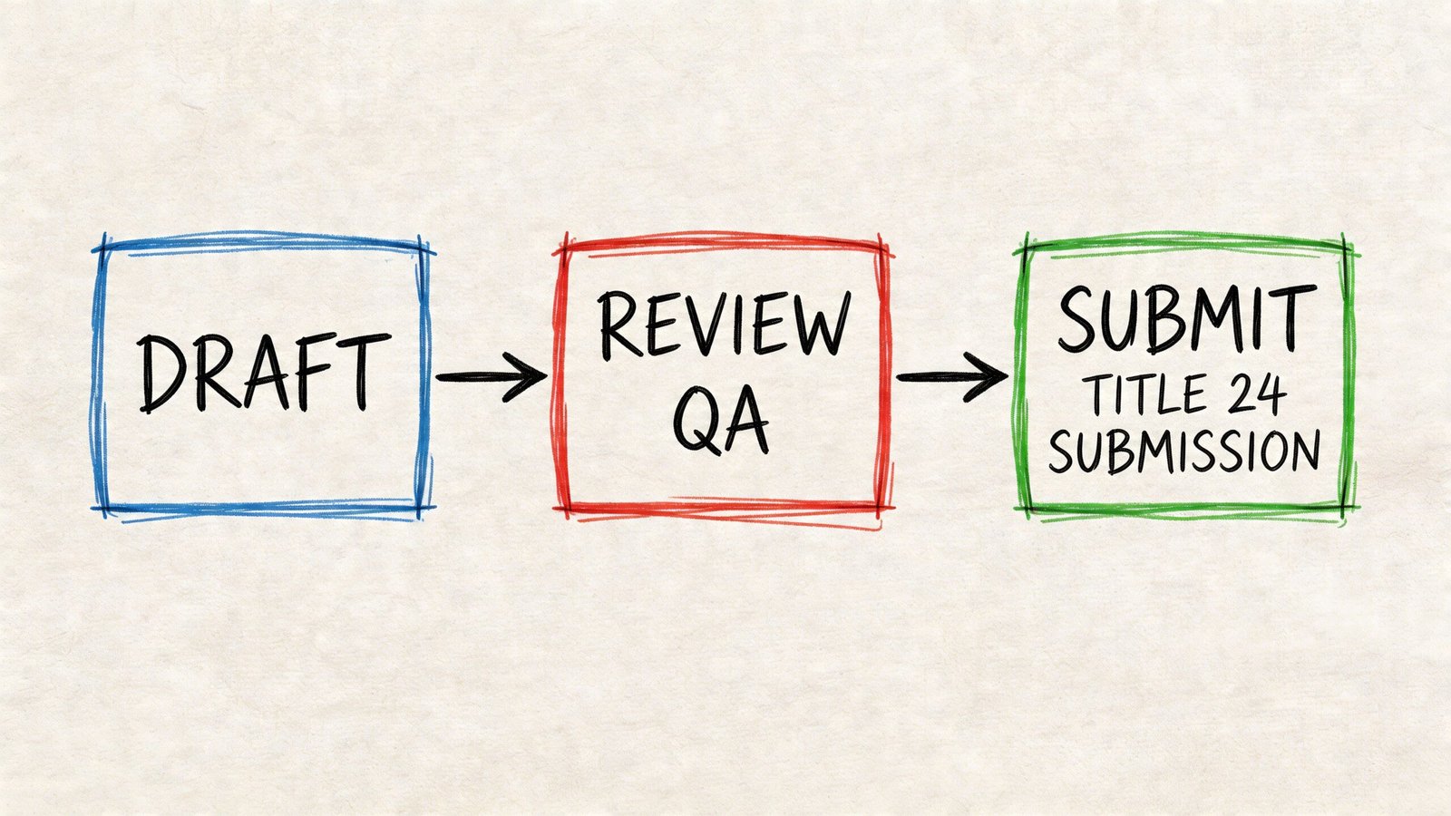 A flowchart diagram showing the three-step process of Draft, Review QA, and Title 24 Submission.